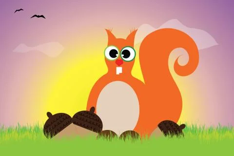 Vector silhouette of squirrel sitting in the grass at sunset. Symbol of anima Stock Illustration