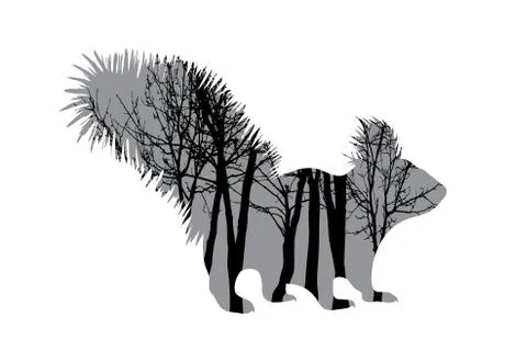 Vector silhouette of squirrel with trees on background. Symbol of forest. Illustrazione stock