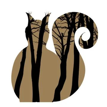 Vector silhouette of squirrel with trees on background. Symbol of forest. Stock Illustration