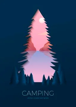 Vector silhouette summer camp poster template with lake, forest and mountains Stock Illustration