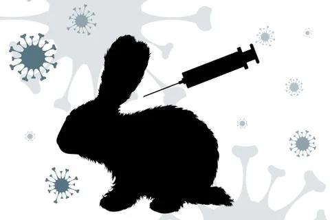 Vector silhouette of testing on rabbit with injection. Symbol of laboratory a Stock Illustration