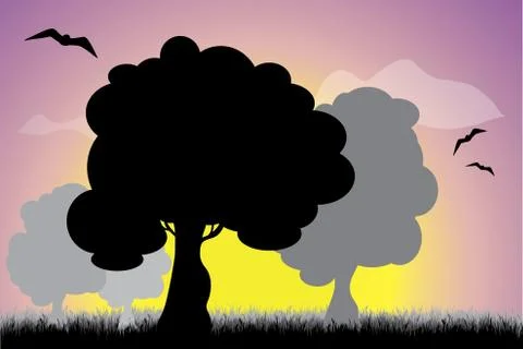 Vector silhouette of tree in meadow at sunset. Symbol of nature. Stock Illustration