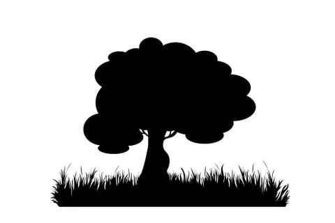 Vector silhouette of tree in meadow on white background. Symbol of nature and Stock Illustration