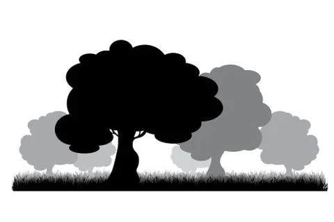 Vector silhouette of tree in meadow on white background. Symbol of nature and Stock Illustration