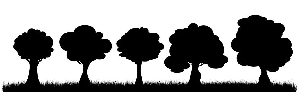 Vector silhouette of tree in meadow on white background. Symbol of nature and Stock Illustration