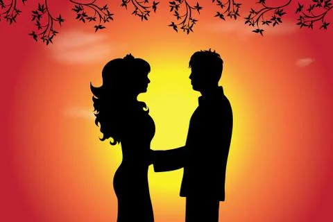 Vector silhouette of wedding couple at sunset. Symbol of nature. Stock Illustration