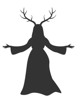 Vector silhouette of a witch with deer horns in a dress for Halloween decor.. Stock Illustration