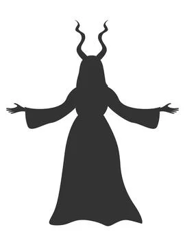 Vector silhouette of a witch with mountain goat horns in a dress for Hallow.. Stock Illustration