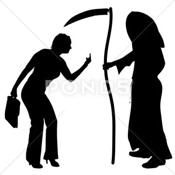 Vector silhouette of a woman with the Grim Reaper. Stock Illustration