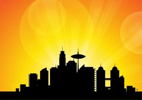 Vector : Silhouettes of buildings with sunset background Stock Illustration