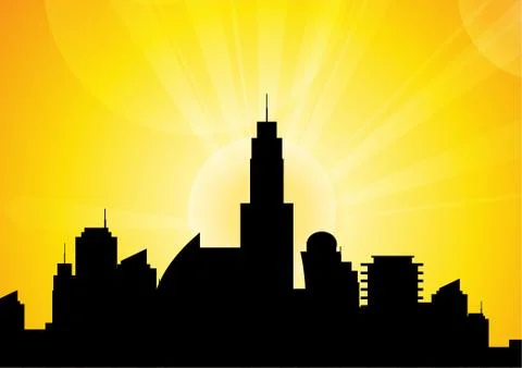 Vector : Silhouettes of buildings with sunset background Stock Illustration