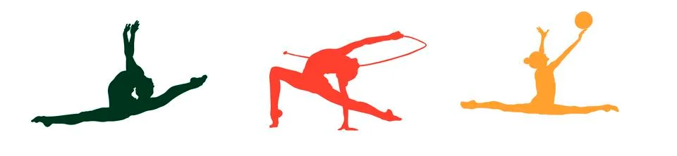 Vector silhouettes of gymnasts on a white background with gymnastic objects Stock Illustration