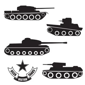 Vector silhouettes of old Soviet tanks Stock Illustration