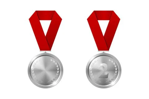 Vector Silver Award Medal Icon Set with Color Ribbons Close-up Isolated. Silver Stock Illustration