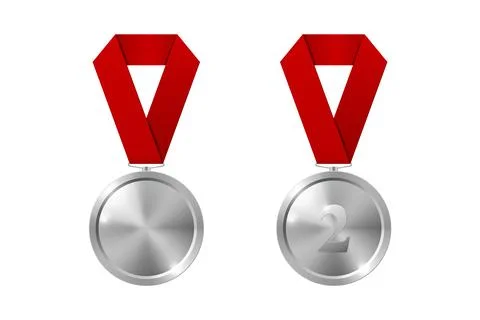 Vector Silver Award Medal Icon Set with Color Ribbons Close-up Isolated. Silver Stock Illustration