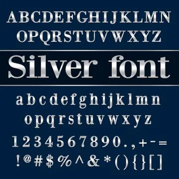 Vector silver coated alphabet letters and digits on blue background Stock Illustration