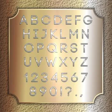 Vector silver coated alphabet letters, digits and punctuation on brass Stock Illustration