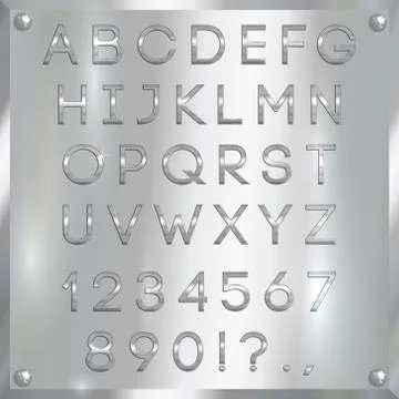 Vector silver coated alphabet letters, digits and punctuation on metallic Illustrazione stock