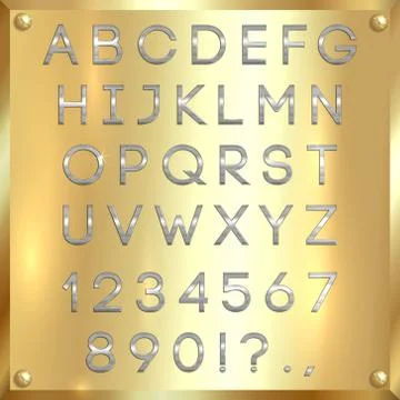 Vector silver coated alphabet letters, digits and punctuation on gold background Stock Illustration
