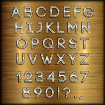 Vector silver coated alphabet letters, digits and punctuation on copper brushed Stock Illustration
