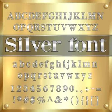 Vector silver coated alphabet letters, digits and punctuation on gold background Stock Illustration