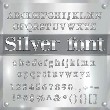 Vector silver coated alphabet letters, digits and punctuation on chrome Stock Illustration