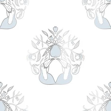 Vector Silver Effect Toucans under Guava Tree on White seamless pattern Stock Illustration