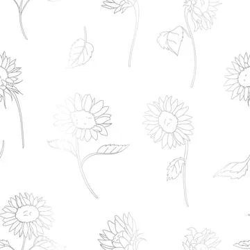 Vector Silver Gradient Effect Sunflower Lineart seamless pattern background.  Stock Illustration