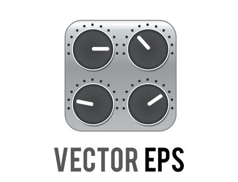 Vector silver square audio mixing console icon with four black control knobs 스톡 일러스트
