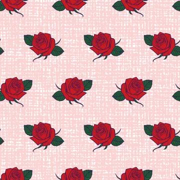 Vector simpe red roses and leaves with pink canvas background seamless patter Stock Illustration