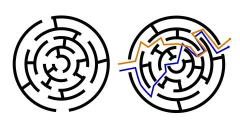 Vector Simple Black Rounded Maze with Two Alternative Way Out Ilustración de archivo