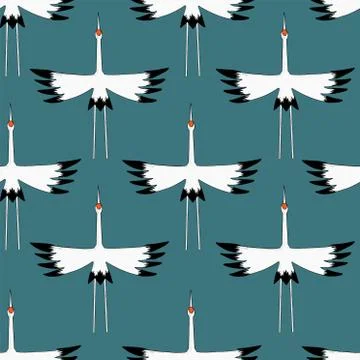 Vector simple Crane bird illustration seamless pattern Stock Illustration