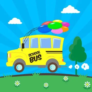 Vector simple flat illustration of a cartoon school bus with colored balloons Иллюстрация