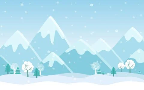 Vector Simple flat illustration of Winter Mountains landscape with trees, pines 스톡 일러스트