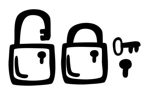 Vector simple hand draw sketch doodle, padlock and key, lock and unlock Stock Illustration