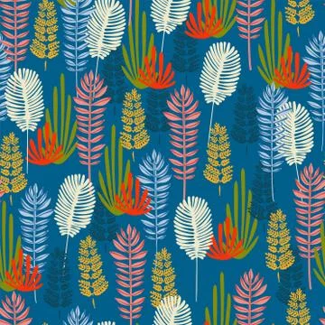 Vector simple leaf motif seamless pattern with blue background Stock Illustration