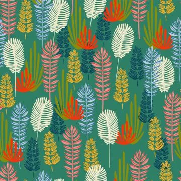 Vector simple leaf motif seamless pattern with green background Stock Illustration
