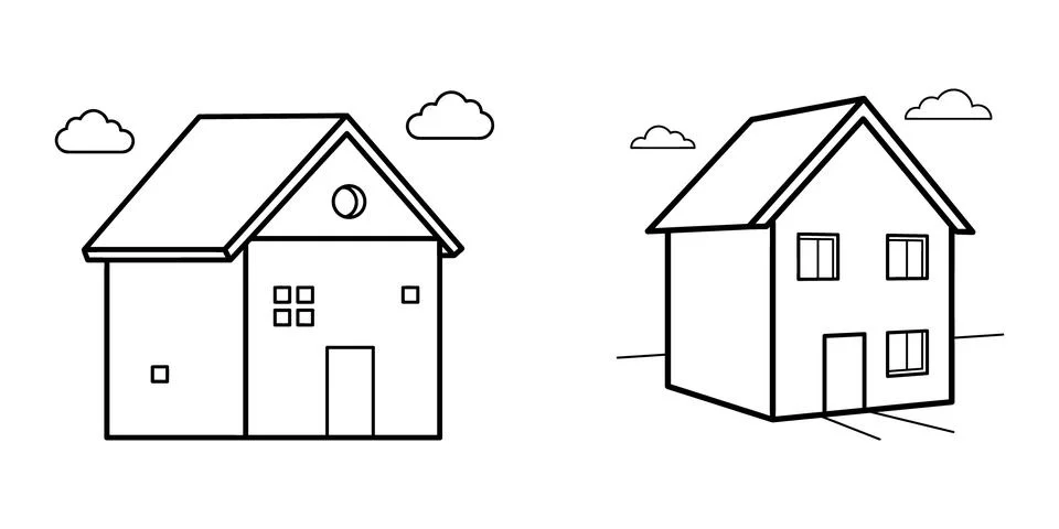 Vector of Simple line art house illustration with roof and windows 库存插图