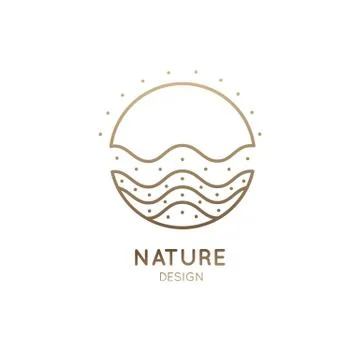 Vector simple logo of nature. Linear round icon of landscape with sea and sun Stock Illustration