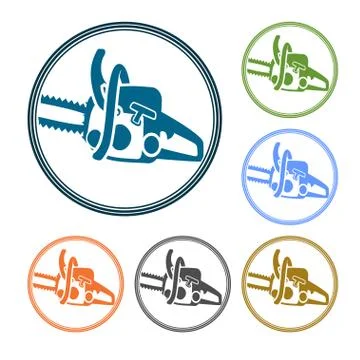 Vector simple round icon or logo for services performed by chainsaw 库存插图