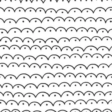 Vector simple seamless pattern with hand drawn waves and dots on white backgr Stock Illustration