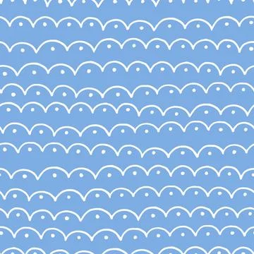 Vector simple seamless pattern with hand drawn waves and dots on blue backgro Stock Illustration