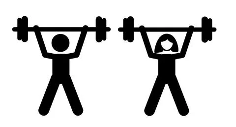 Vector simple set 2 stickman man woman, barbell exercise Stock Illustration
