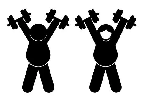 Vector simple set 2 stickman man woman, dumbbell exercise Stock Illustration