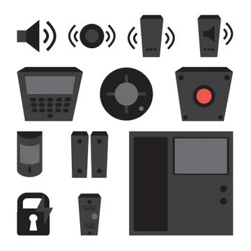 Vector simple set of detectors icons (for window, fire, sound, etc), intercom Illustrazione stock