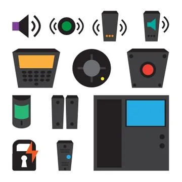 Vector simple set of detectors icons (for window, fire, sound, etc), intercom Stock Illustration