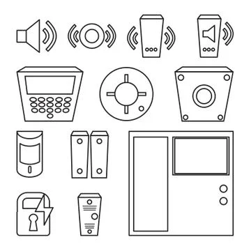 Vector simple set of detectors icons (for window, fire, sound, etc), intercom Stock Illustration