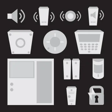 Vector simple set of detectors icons (for window, fire, sound, etc), intercom Illustrazione stock