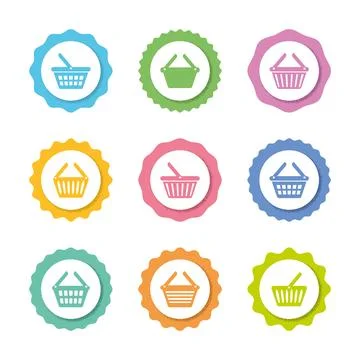 Vector simple shopping basket circle sticker set イラスト素材