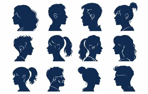 Vector simple silhouettes or icons of many people, woman and man facing each oth Stock Illustration
